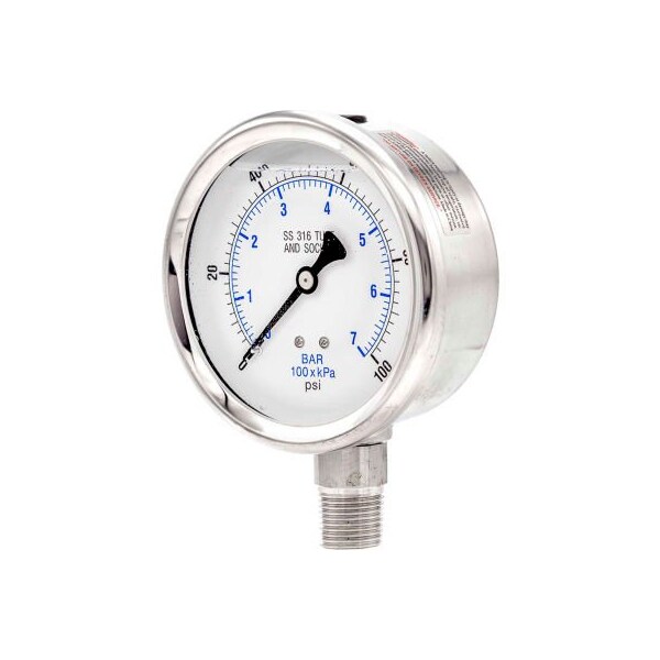Engineered Specialty Products, Inc Pic Gauges 4" Pressure Gauge, Liquid Fill, 100 PSI, All Stainless Steel, Lower Mount, 301L-402E 301L-402E - main